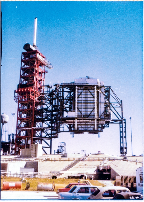 Image 051. The Rotating Service Structure at Space Shuttle Launch Complex 39-B, Kennedy Space Center, Florida, constructed by Union Ironworkers from Local 808 working for Wilhoit Steel Erectors, continues its initial proof-test, pivoting its four-million pound weight around through 120 degrees of end-to-end travel, returning for the first time ever, back to the location it was constructed in. Photograph by James MacLaren.